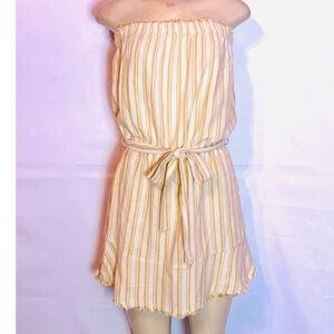 CLOTH & STONE S Yellow Bella Striped Linen Strapless Ruffle Hem Belted Dress